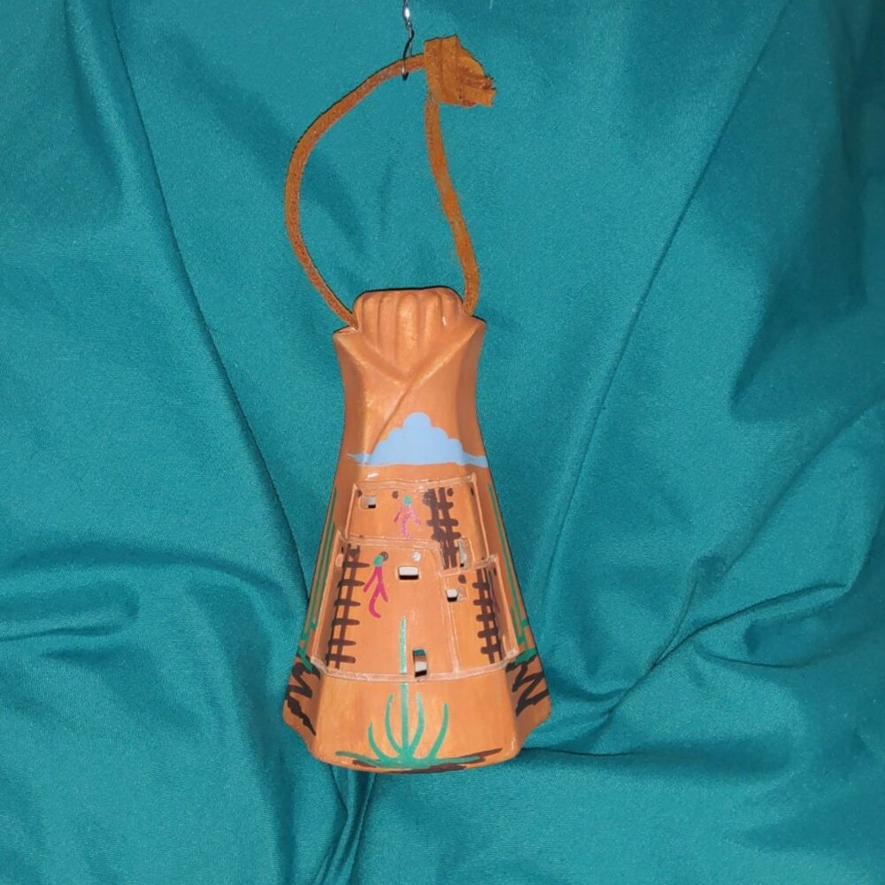 Vintage Terracotta Ceramic Teepee Bell Ornament Southwestern Hand Painted Desert